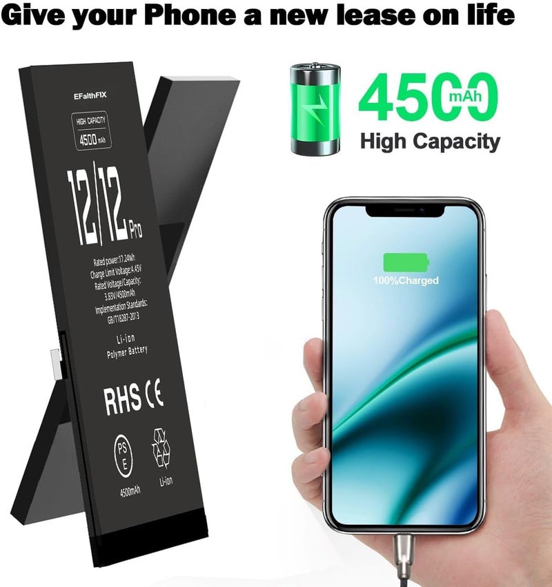 EFAITHFIX 4500mAh Upgraded Replacement Battery Compatible with iPhone 12/12 PRO, High Capacity New 0 Cycle A+ Battery Replacement for iPhone Model A2172 A2402 A2403 A2404 with Complete Repair Tool Kit - Image 4